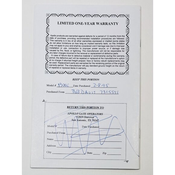 APOLLO 1500E w/ 1600 Addendum Solar Swing Gate Operator Opener MANUAL ONLY 1994 - Picture 4 of 4